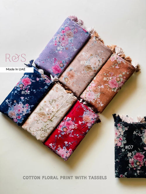 Cotton Floral Print Hijab with Tassels