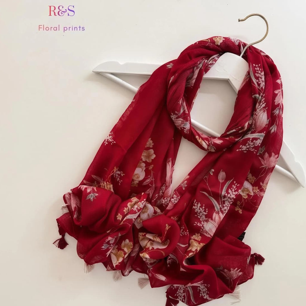 Cotton Floral Print Hijab with Tassels